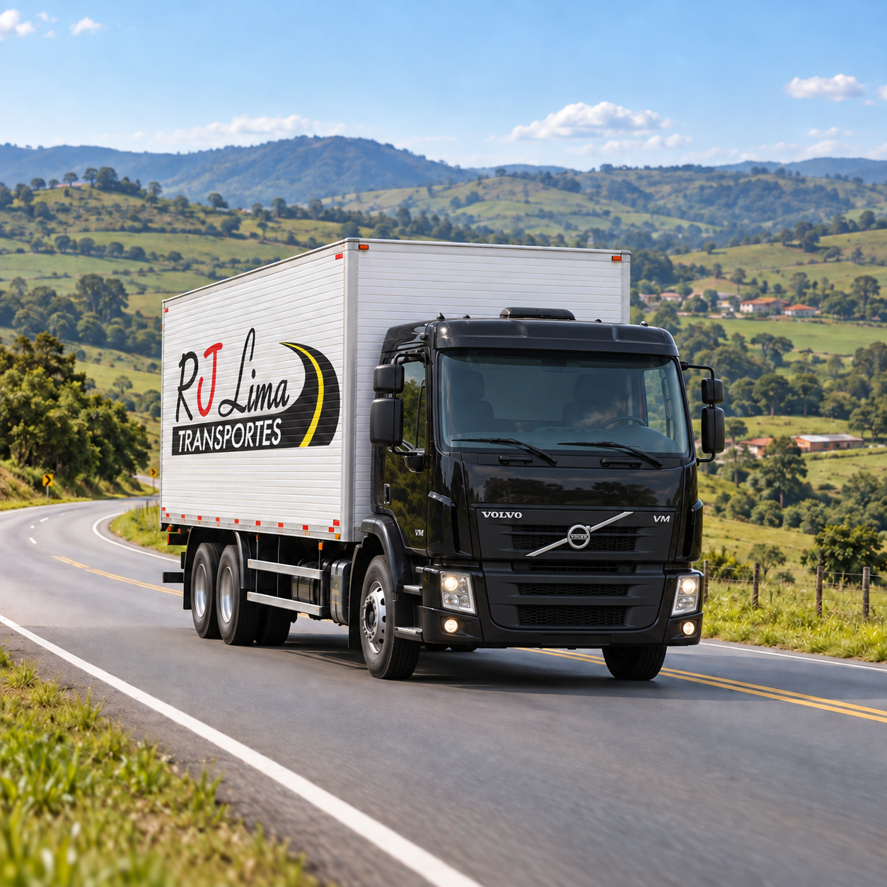 Imagem ilustrativa: caminhão Volvo VM preto com a logo RJ Lima no baú, em uma estrada entre colinas verdes